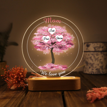 3 Names - Personalised Acrylic Night Light Custom 2 Texts Pink Family Tree LED Lamp Gifts for Mother/Grandma-Jessemade AU