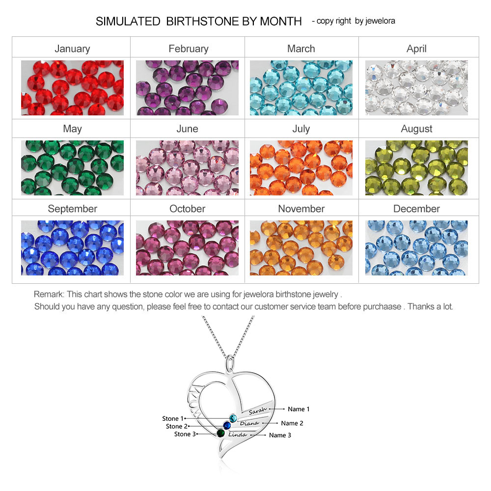 Personalised Heart Necklace With 3 birthstones Engraved Names Gift For Mother-Jessemade AU
