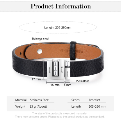 Personalised Leather Bracelet with Beads Engraved 3 Names Bangle for Him-Jessemade AU