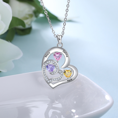 Personalised Heart Necklace With 3 Birthstones Engraved Names Gift For Her-Jessemade AU