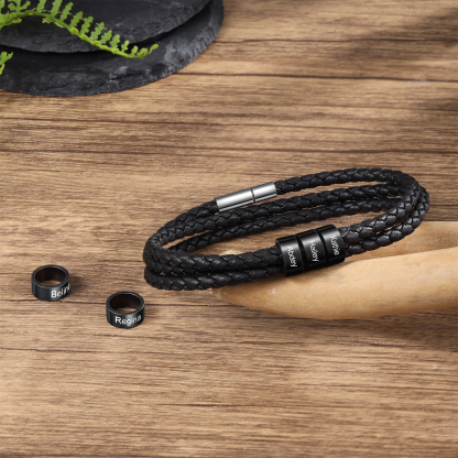 Personalised Men's Leather Bracelet Custom 4 Names Braided Bracelet with Beads Multi-Layered Bracelet Gift for Dad