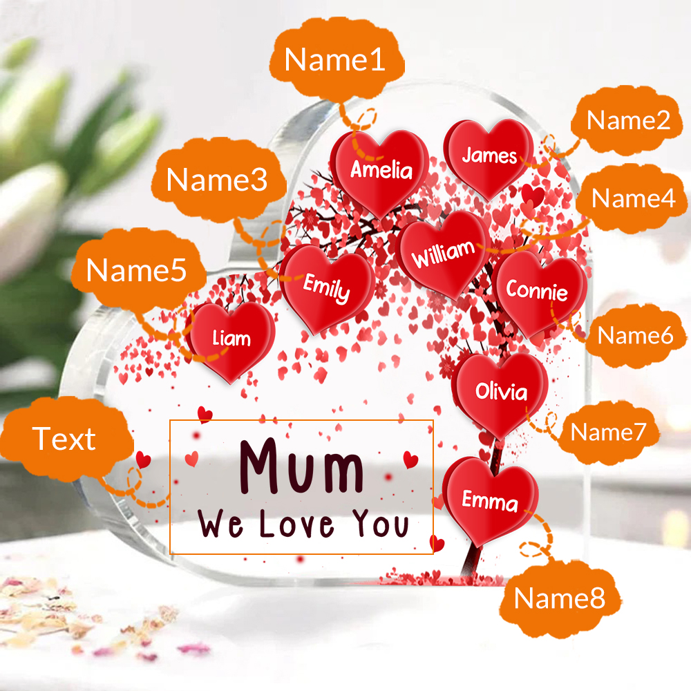 8 Names - Personalised Acrylic Heart Keepsake Custom Text Red Tree Ornaments Gifts for Grandma/Mother-Jessemade AU