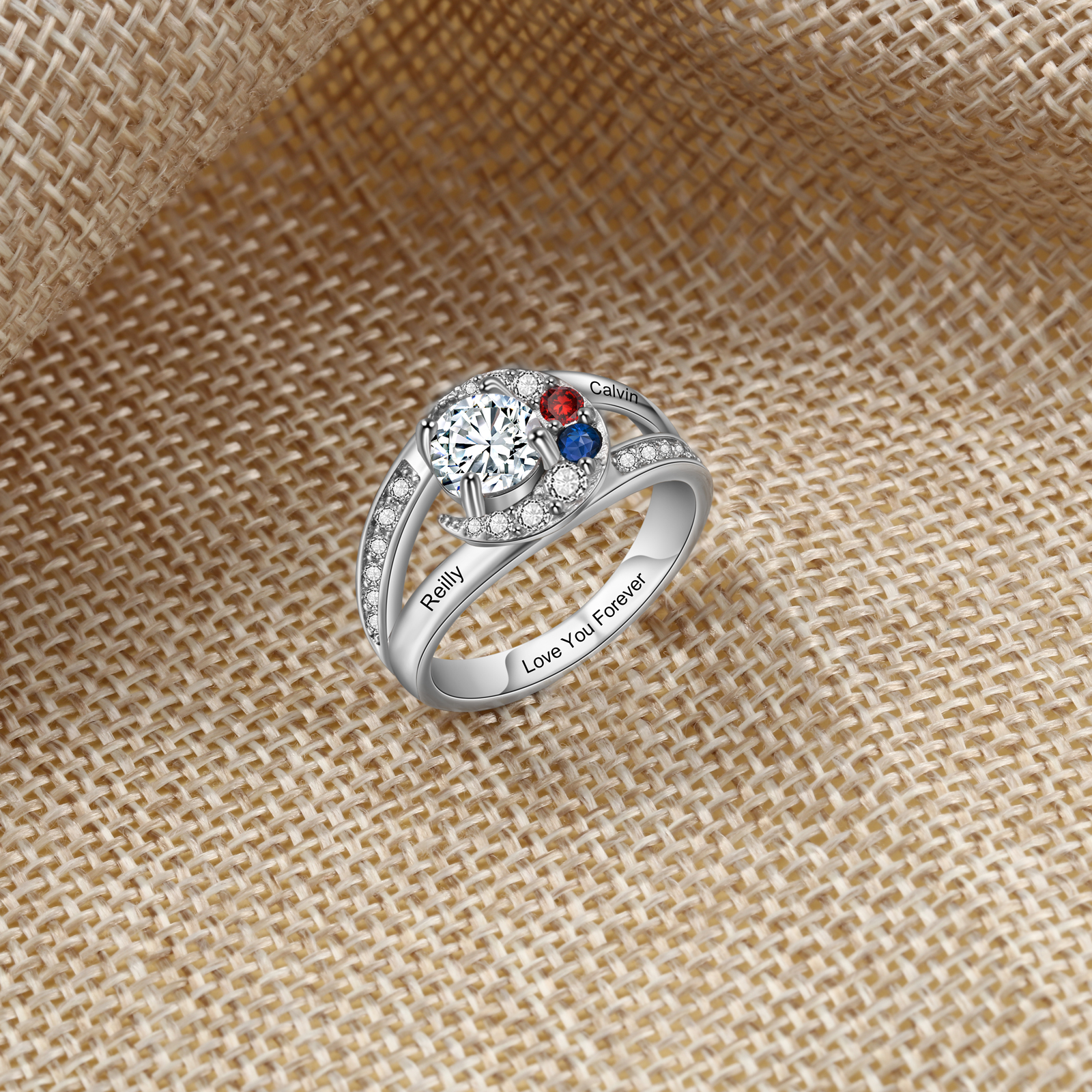 Personalised Moon Star Ring With 2 Birthstones Custom Names Best Gift For Women-Jessemade AU