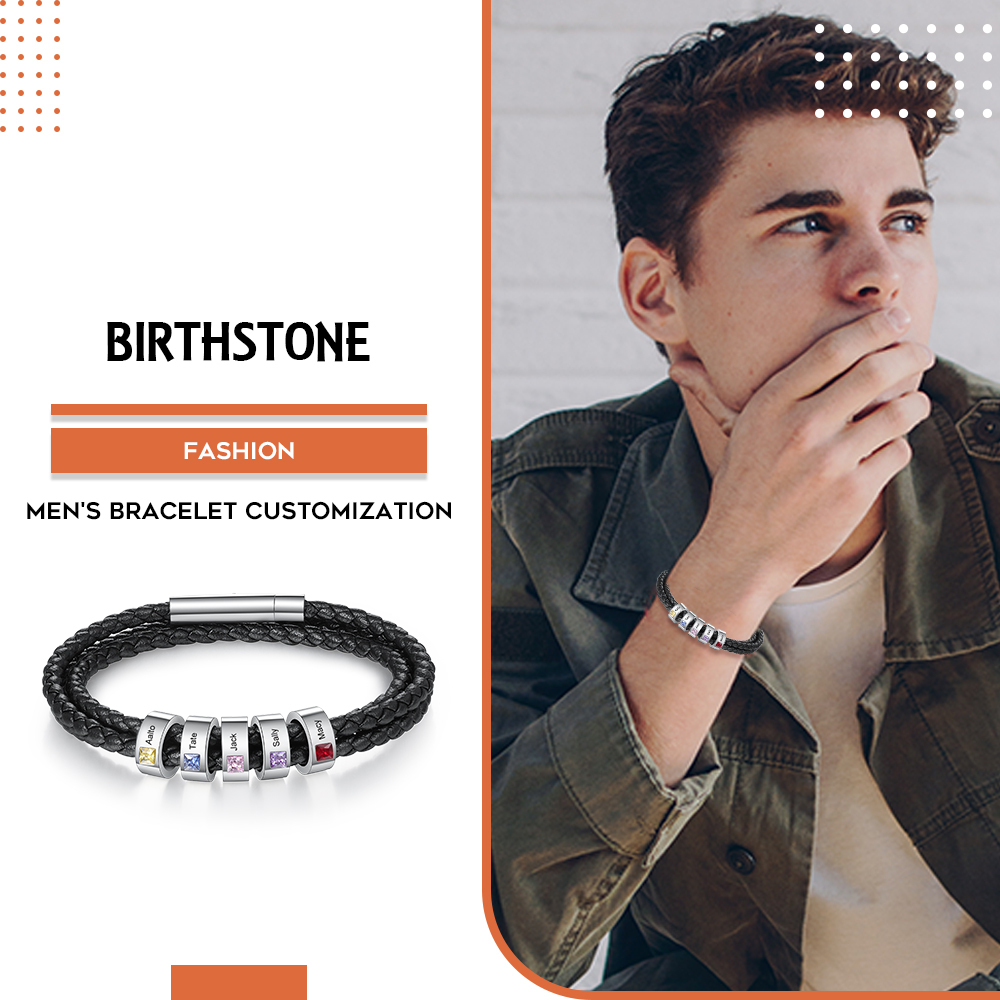 Personalised 3 Layer Leather Bracelet with 5 Beads Engraved Names Men's Bracelets for Him-Jessemade AU