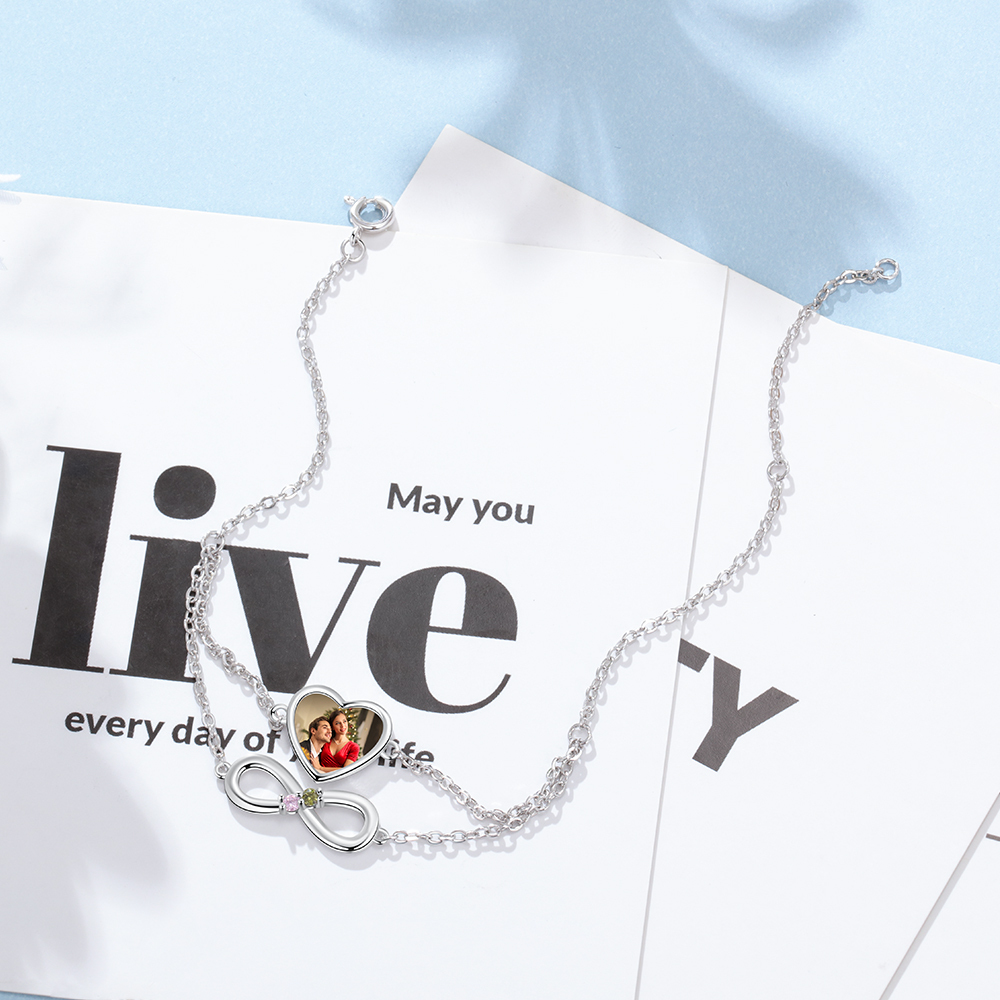 Personalised Heart Photo Bracelet With 2 Birthstones Custom Photo Bracelet Gifts For Her-Jessemade AU