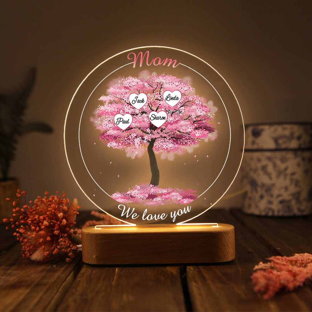 4 Names - Personalised Acrylic Night Light Custom 2 Texts Pink Family Tree LED Lamp Gifts for Mother/Grandma-Jessemade AU