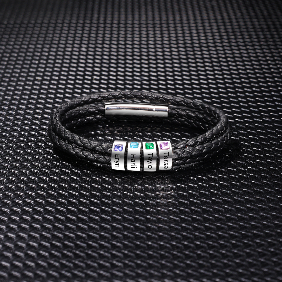 Personalised 3 Layer Leather Bracelet with 2 Beads Engraved Names Men's Bracelets for Him-Jessemade AU
