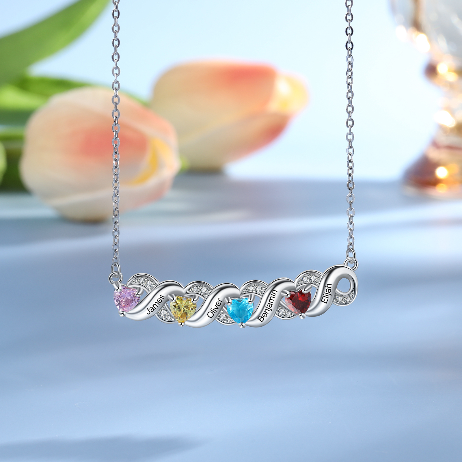 Personalised Heart Birthstone Necklace Custom 4 Names Overlap Necklace Gifts for Her-Jessemade AU