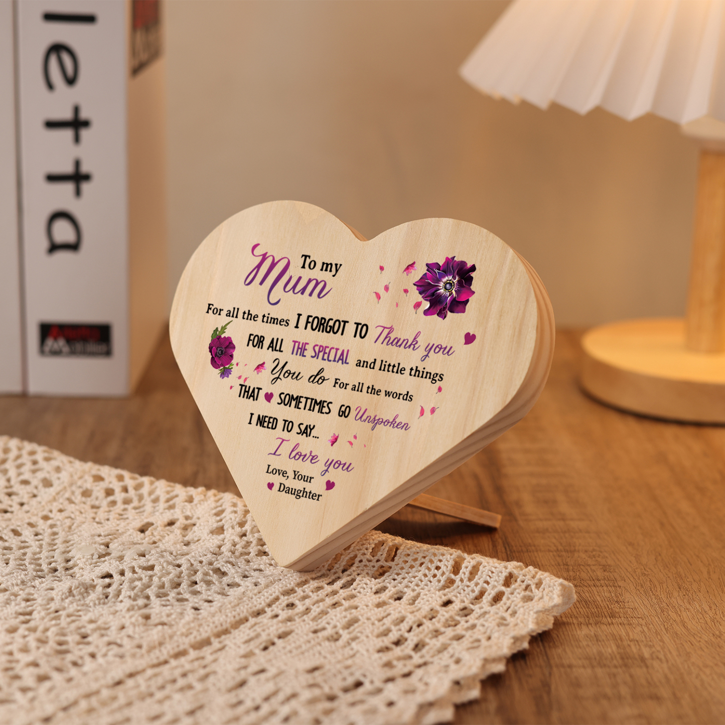 To My Mum Violet Wooden Heart Keepsake Desktop Ornament "For all the times I forgot to thank you" Mothers Gifts-Jessemade AU