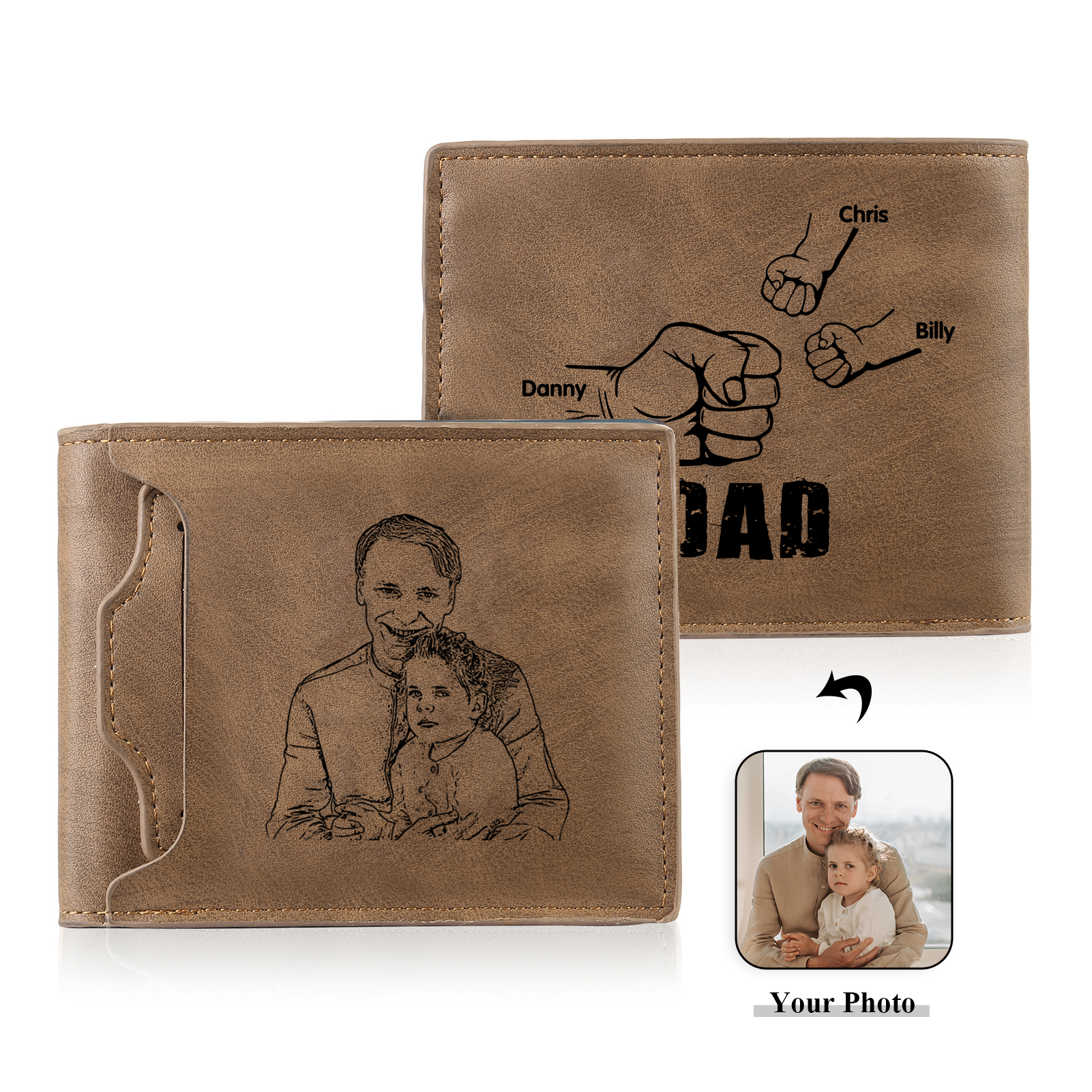 3 Names - Personalised Men Leather Wallet Custom Name & Photo Folding Wallet Fist Bump Wallet Gift for Dad-Jessemade AU