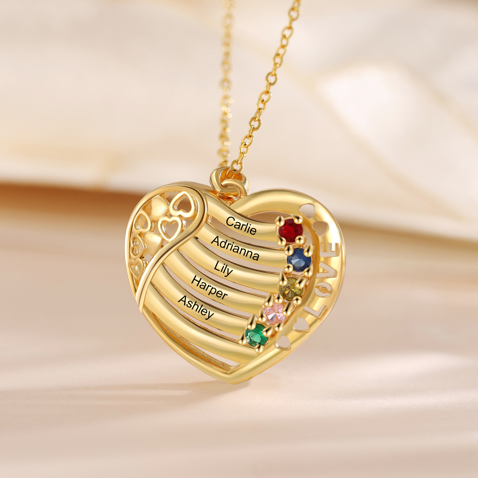 LOVE Heart Necklace Custom 5 Names & Birthstones Family Necklace Gifts For Her-Jessemade AU