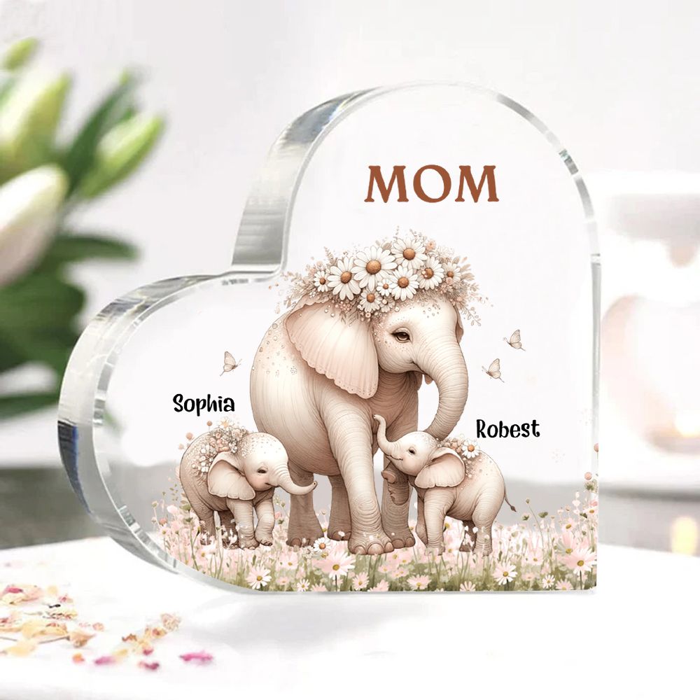 2 Names - Personalised Acrylic Heart Keepsake Custom Text Elephant Family Ornament Gifts for Mother/Grandma-Jessemade AU