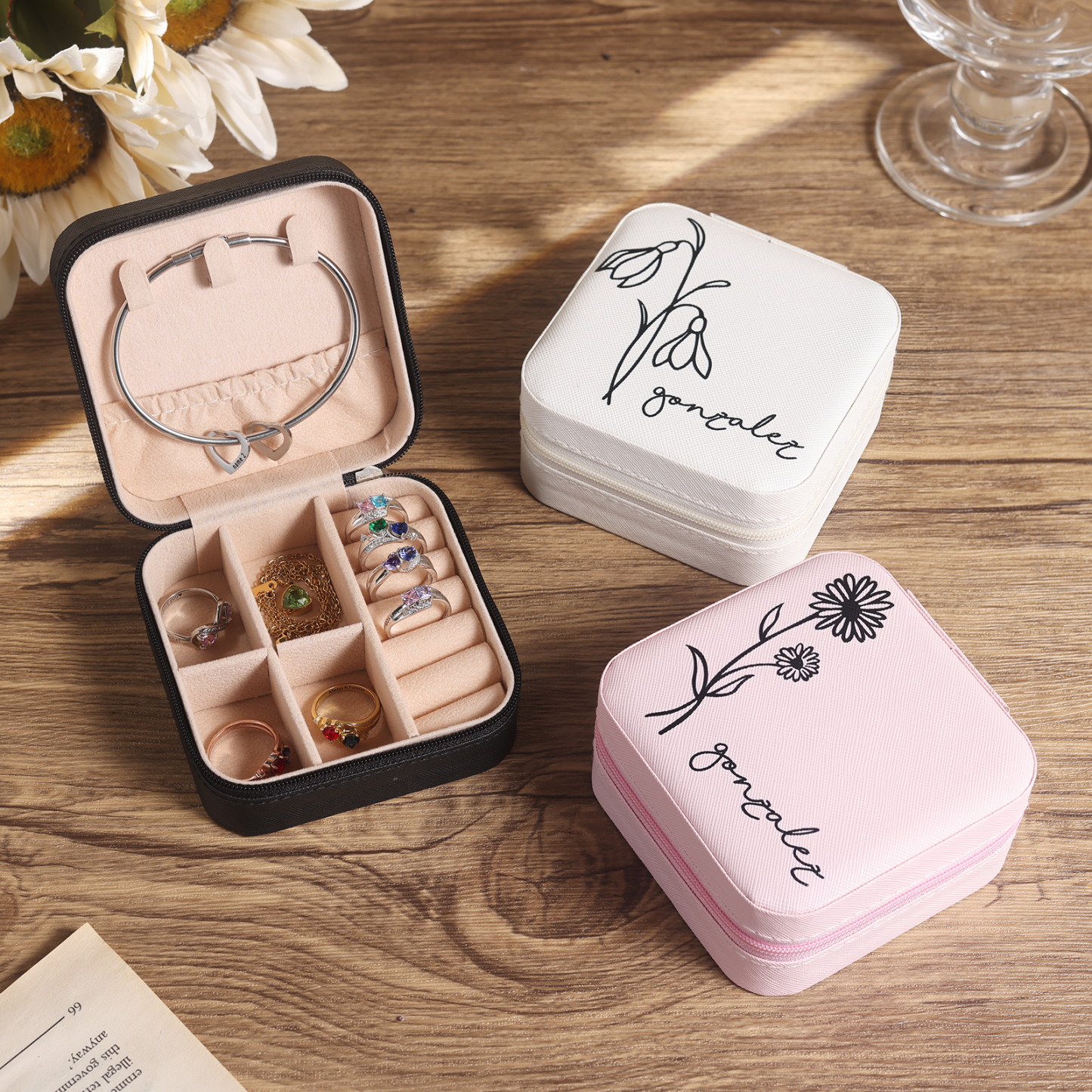 Custom Name Jewelry Gift Box with Birth Flower Personalised Travel Jewelry Box-Jessemade AU