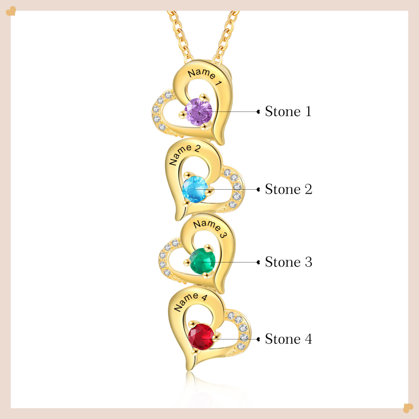 4 Names - Personalised Heart Pendant Necklace Custom Birthstones & Names Necklace Birthday Gift for Her-Jessemade AU