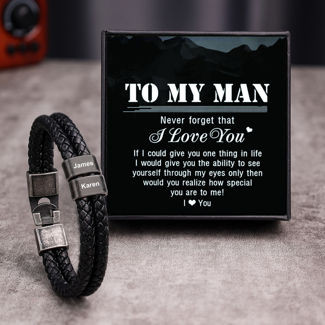 Personalised Men Leather Bracelet with 1 Name Beaded Wrap Bracelet Retro Style For Him-Jessemade AU
