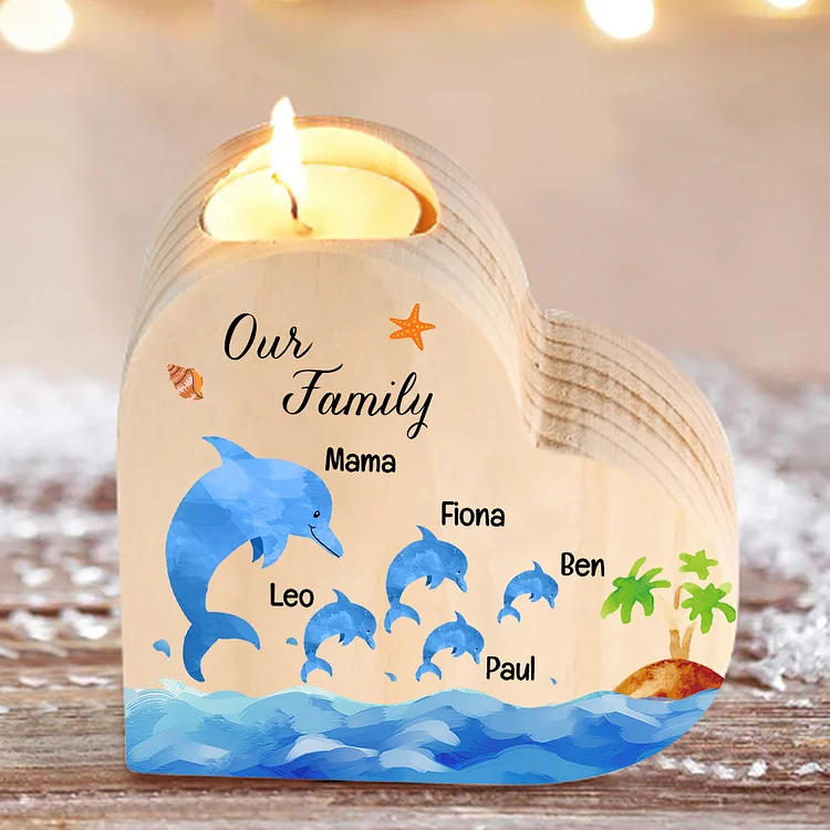 Family Dolphin Heart Candle Holder Personalised Wooden Candlestick Custom 5 Names-Jessemade AU