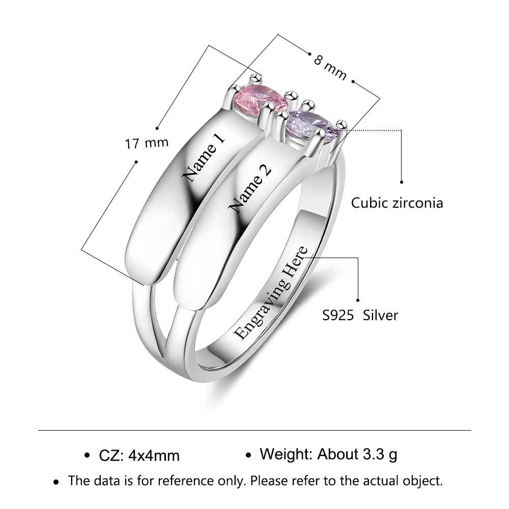 S925 Silver Ring Personalised 2 Birthstones Promise Ring With Names Gifts For Her-Jessemade AU