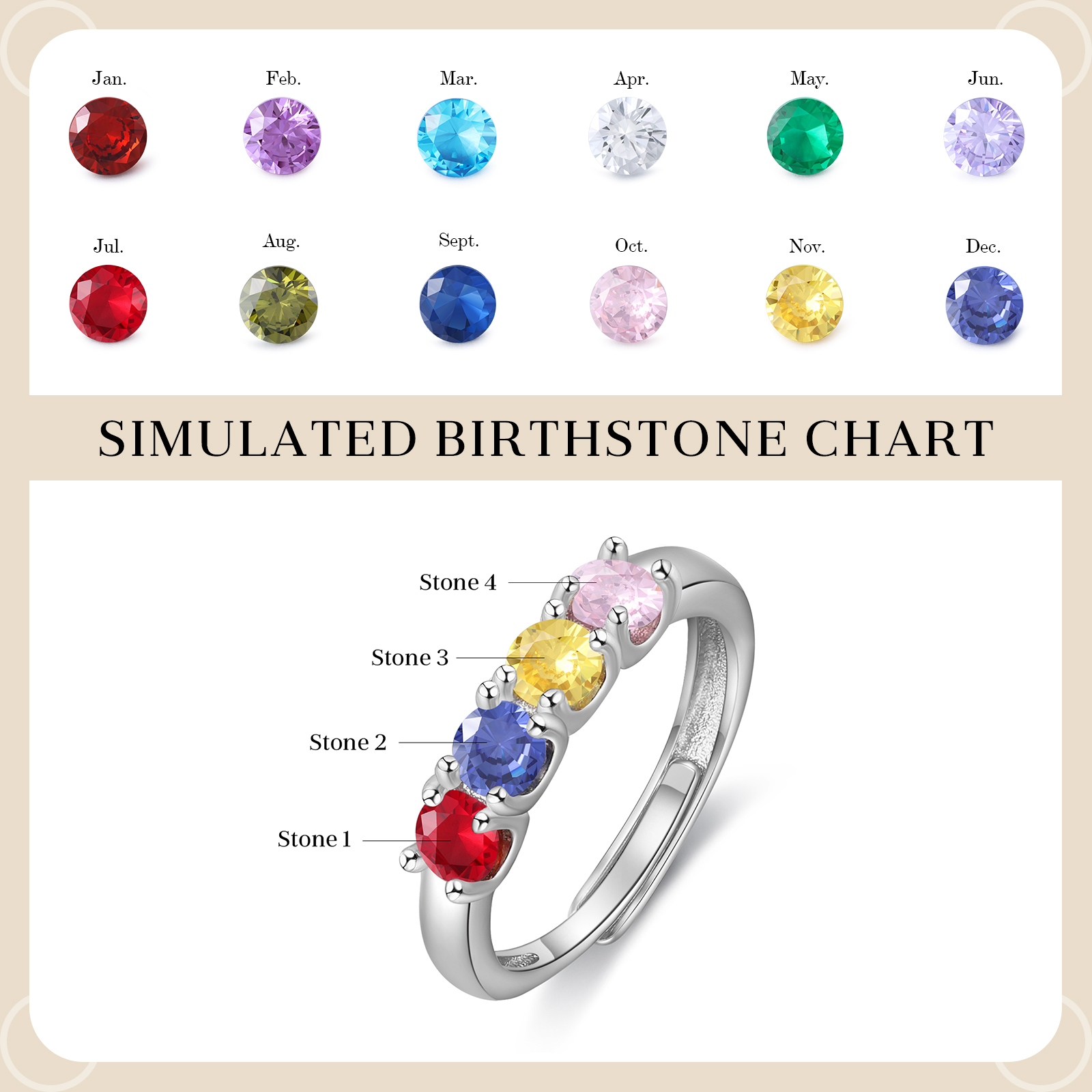 Personalised Women's Ring Customised 4 Birthstones Open Ring Birthday Gift for Women Girls-Jessemade AU