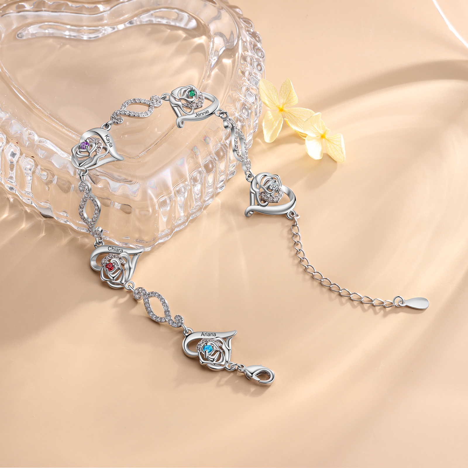 Flowers Bracelet Personalised 4 Birthstones Bracelet Engraved Names Flowers Charm Gifts For Her-Jessemade AU