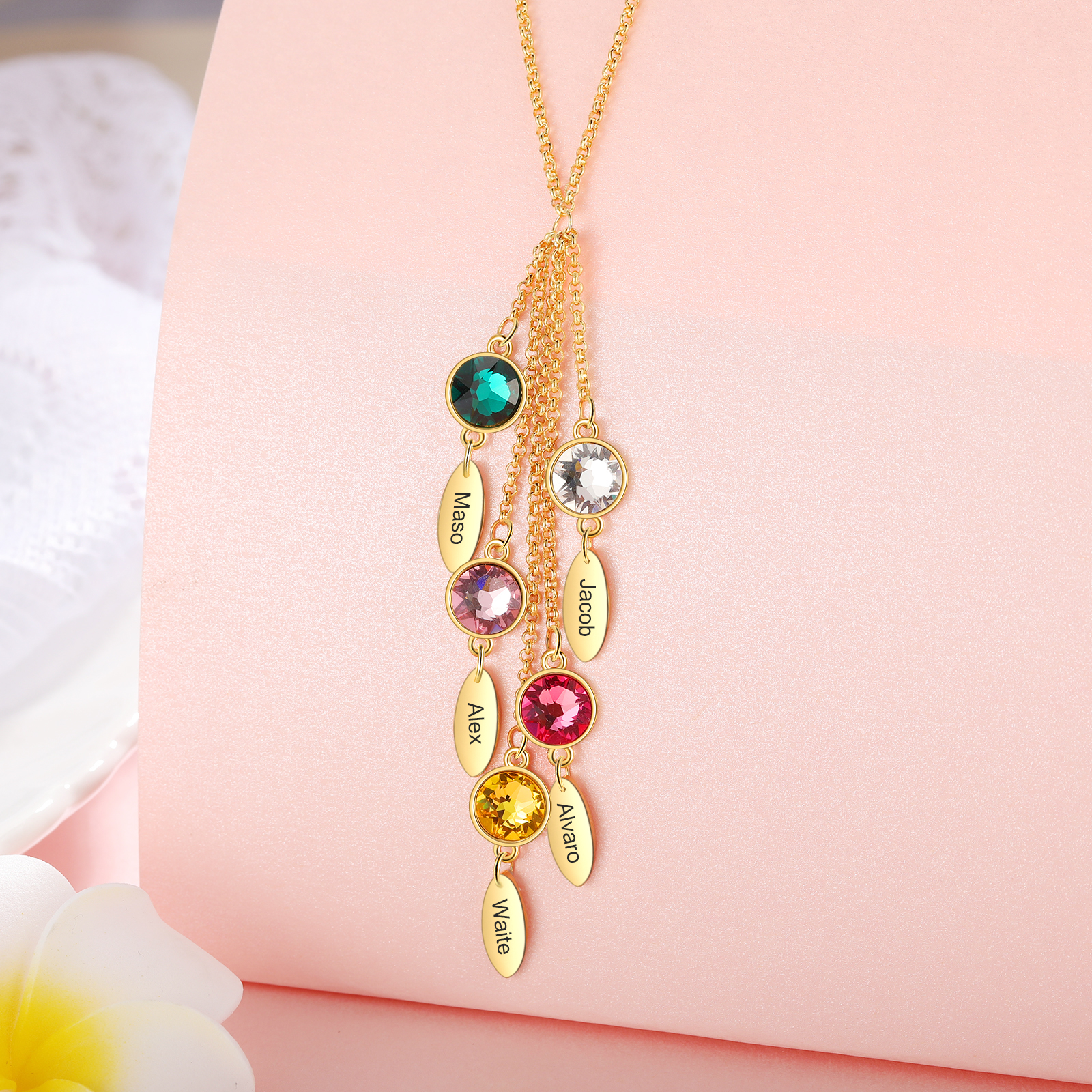 Personalised Bar Necklace With 5 Birthstones Engraved Names Necklace Best Gift For Mother-Jessemade AU