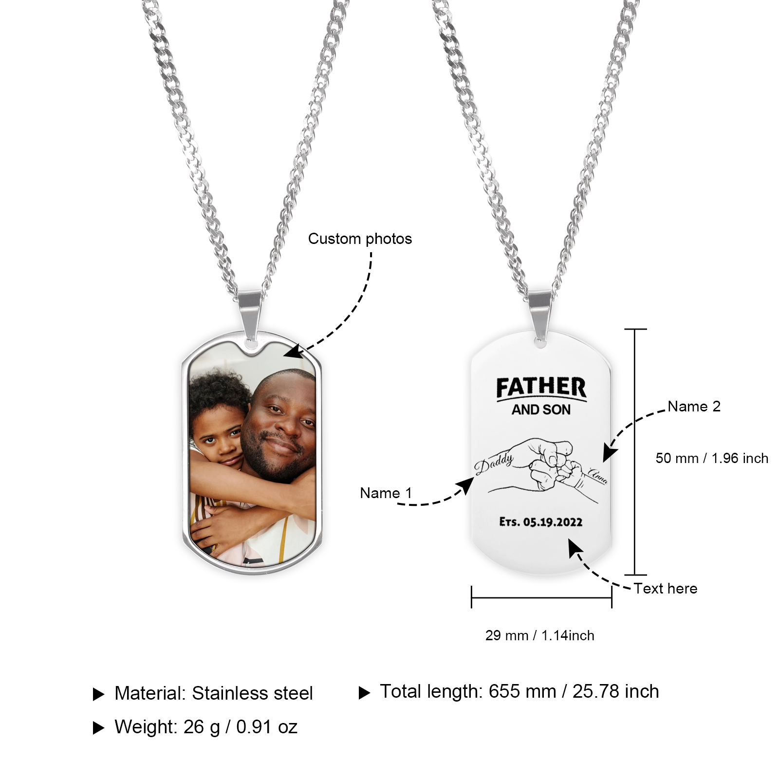 Personalised Photo Mens Necklace With Engraved Father and Son Fist Bump 2 Names Dog Tag - Father's Day Gifts for Dad | Jessemade-Jessemade AU