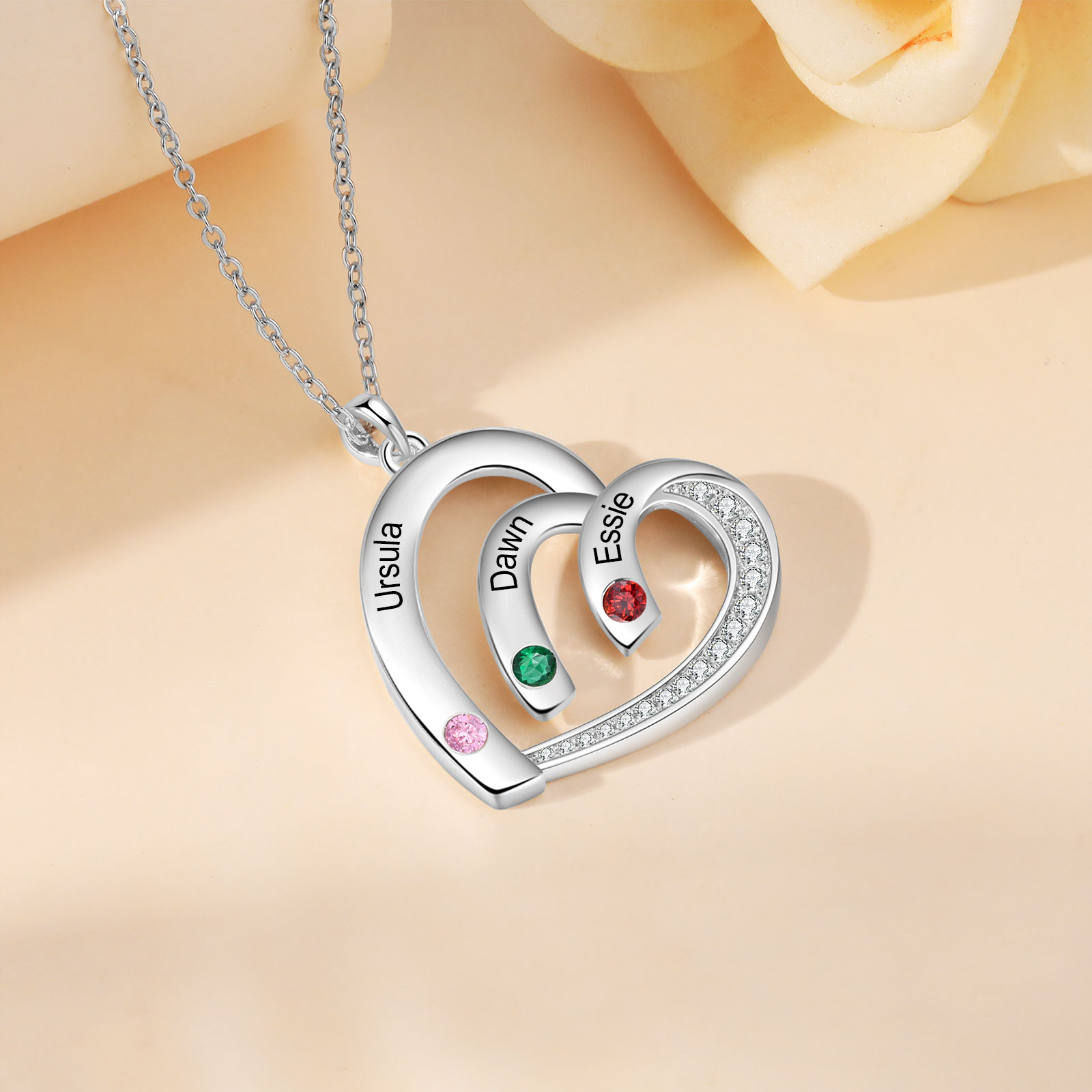 Personalised Heart Pendant Necklace Custom 3 Birthstones & 3 Names Necklace Gifts for Her-Jessemade AU
