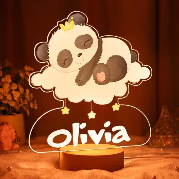 Personalised Crown Panda Night Light Custom Name LED Lamp for Kids-Jessemade AU