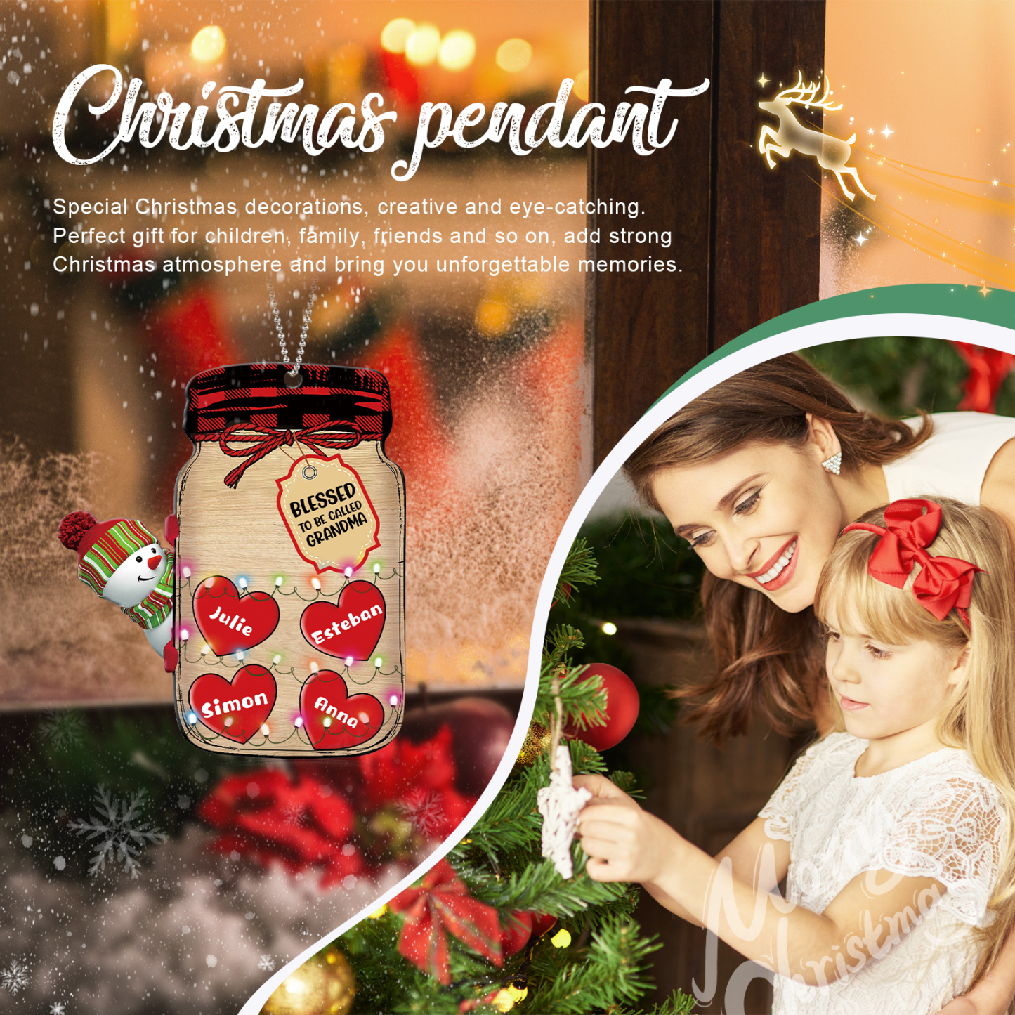 4 Names - Personalised Heart Christmas Ornament Customised Name & Text Acrylic Snowman Hanging Ornaments Jar Gift for Family-Jessemade AU