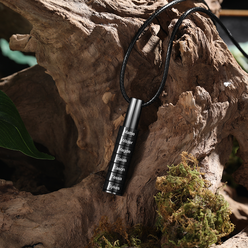 Personalised Vertical Cylinder Pendant Necklace with Beads Engraved 7 Names Men's Necklace for Him-Jessemade AU