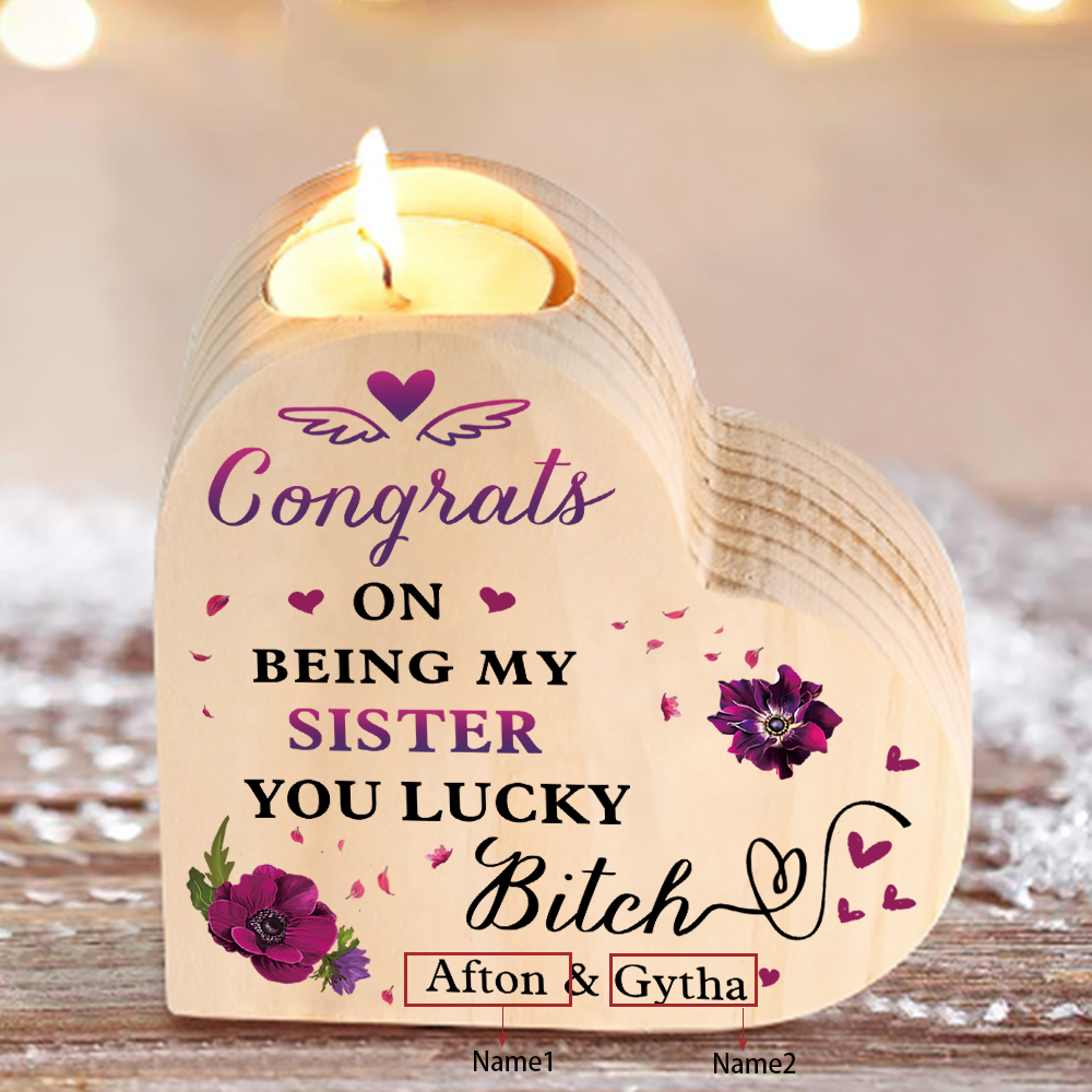 Personalised Heart Candle Holder Customised 2 Names Violet Wooden Candlestick "Congrats On Being My Sister" Funny Gift for Friend-Jessemade AU
