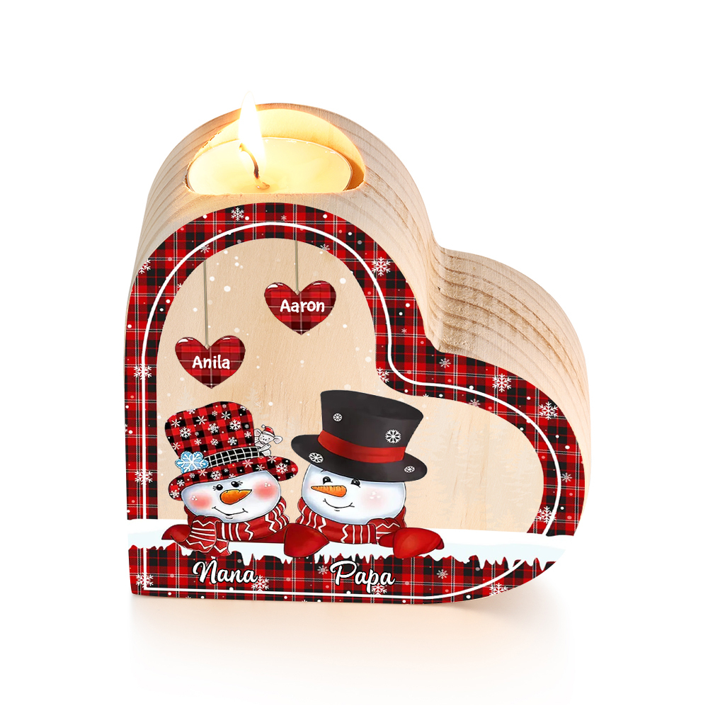 Heart-Shaped Christmas Candle Holder Engraved 4 Names Snowman Candlesticks Personalised Gift for Family-Jessemade AU