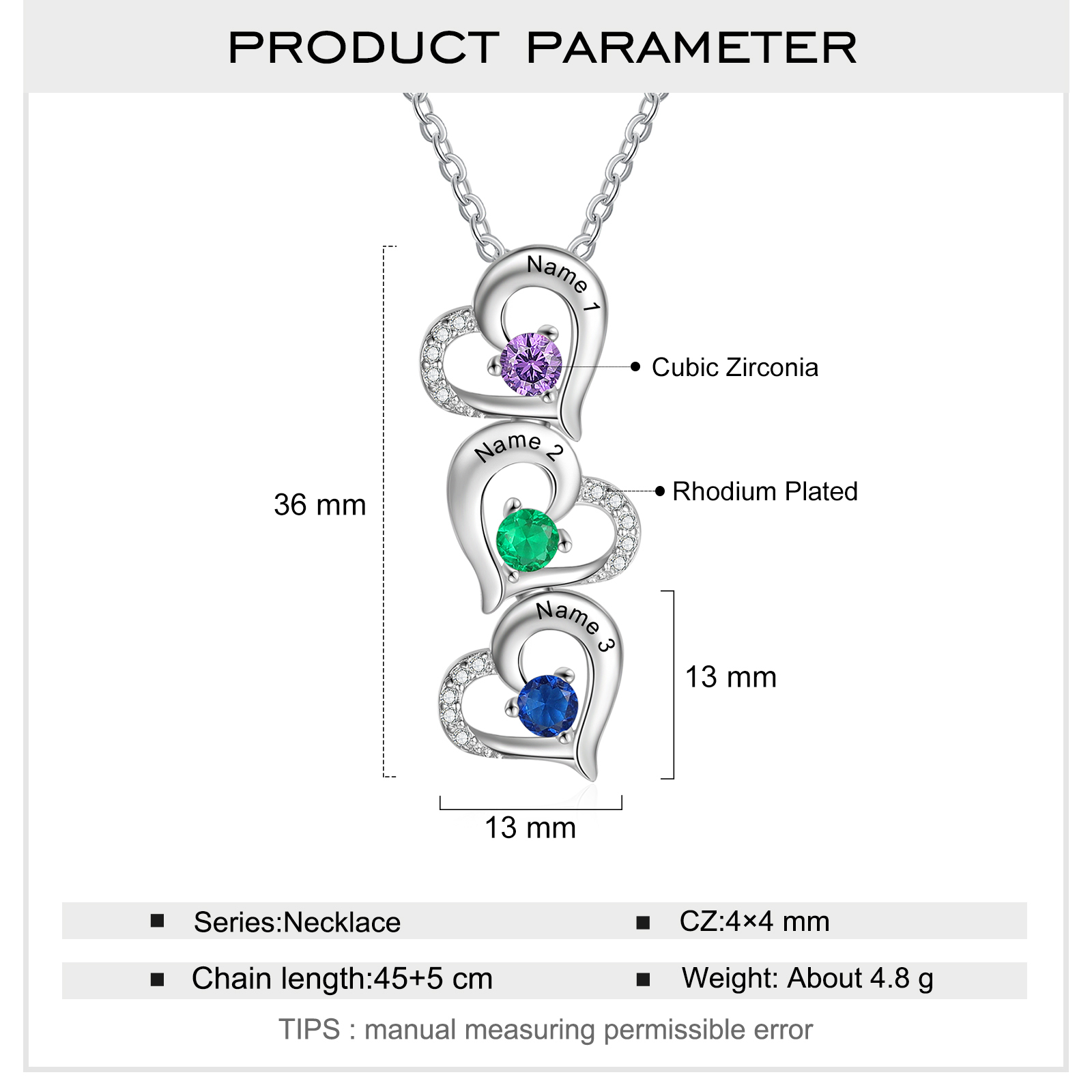 Personalised Heart Necklace With 3 Birthstones Engraved Names Gift For Her-Jessemade AU