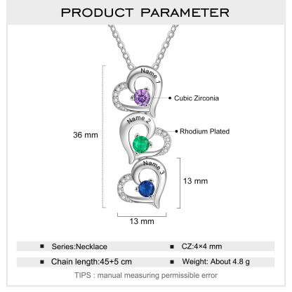 Personalised Heart Necklace With 3 Birthstones Engraved Names Gift For Her-Jessemade AU