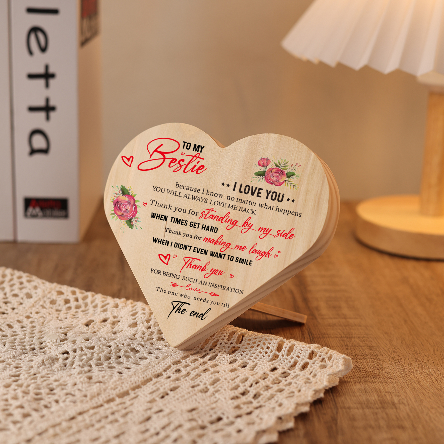 To My Bestie Rose Wooden Heart Keepsake Desktop Ornament "Thank you for standing by my side" Friendship Gifts-Jessemade AU