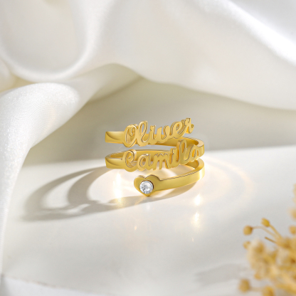 Personalised Heart Ring With Birthstone Custom 2 Names Ring Gifts For Her-Jessemade AU