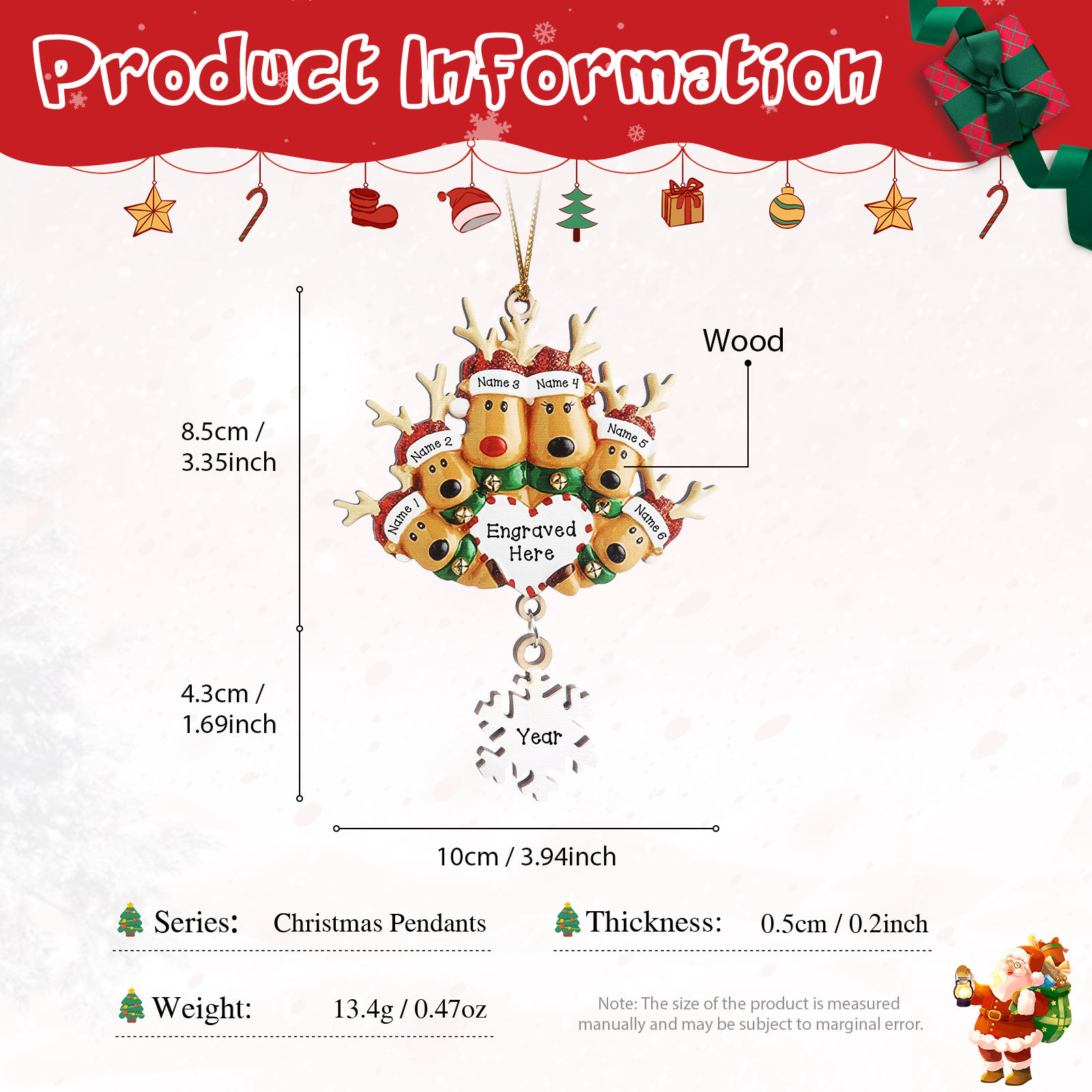 6 Names - Personalised Reindeer Christmas Ornament Customised Name & Text & Year Wooden Hanging Ornaments Christmas Gift for Family-Jessemade AU