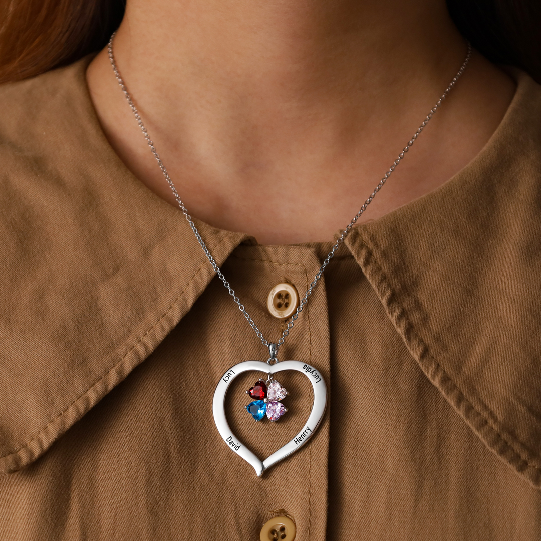 Personalised Heart Pendant Necklace with 4 Birthstones Engraved Names Family Necklace Gifts for Her-Jessemade AU