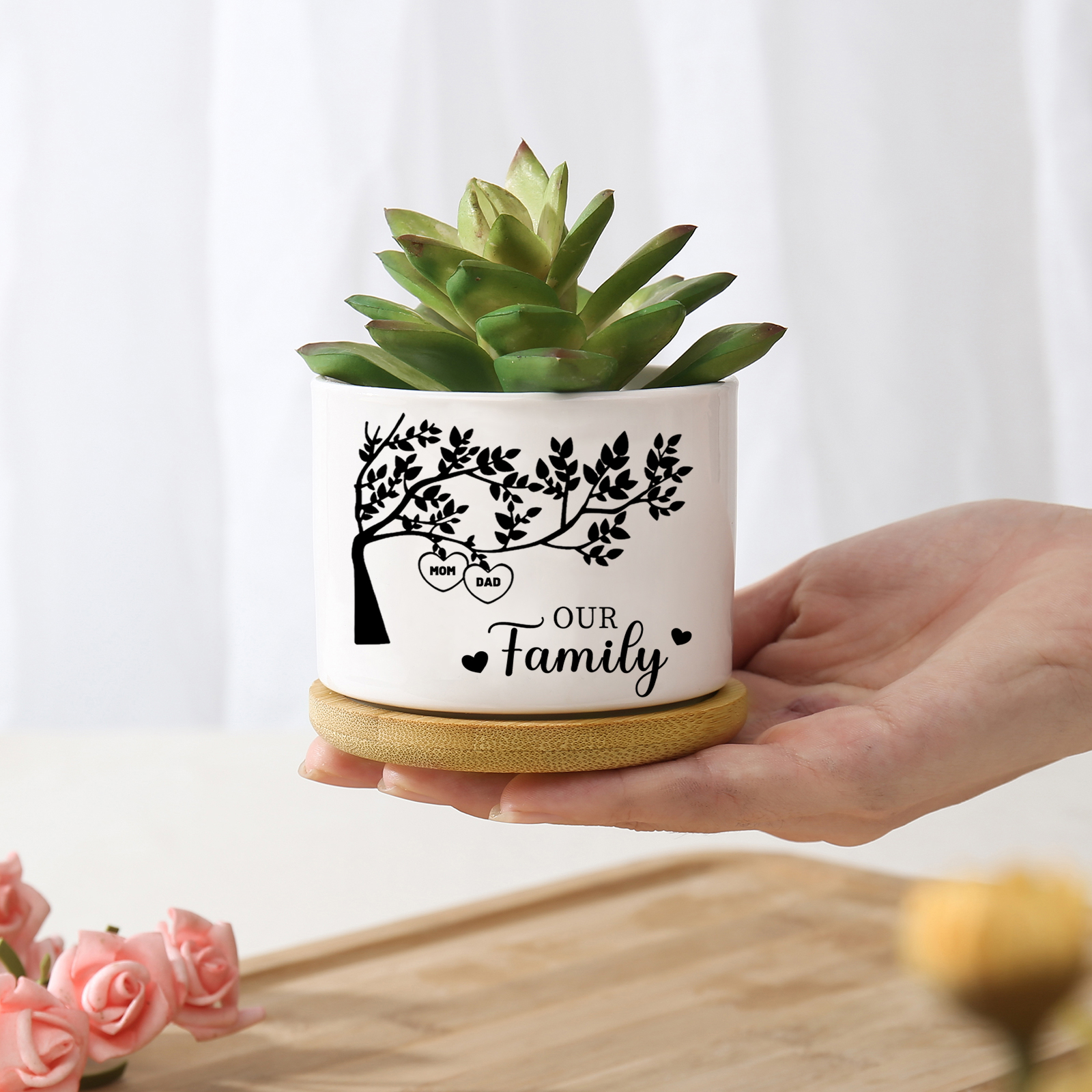 Personalised 2 Names & 1 Text Family Tree Flowerpot Custom Ceramic Flowerpot with Wooden Base Gift for Mother/Grandma-Jessemade AU