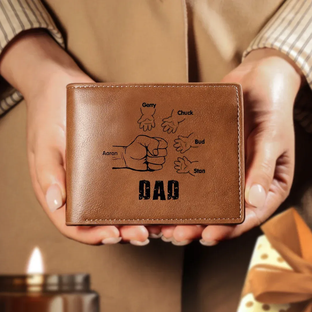 5 Names - Personalised Men Leather Wallet Engraved Names Brown Wallet Fist Bump Folding Wallet Gift For Dad-Jessemade AU