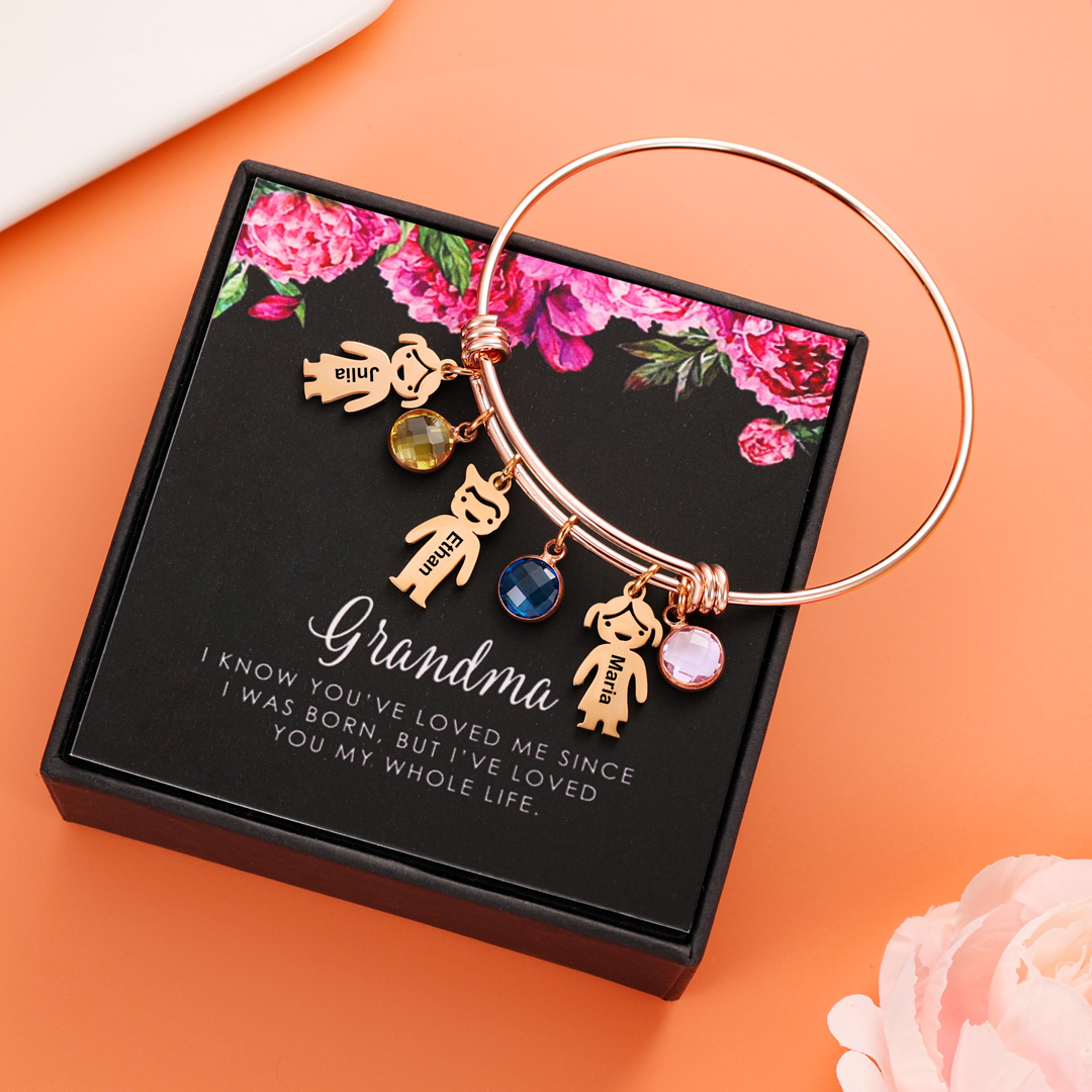 Bangle Bracelet with Kids Charms 1 Birthstone Rose Box Set-Jessemade AU