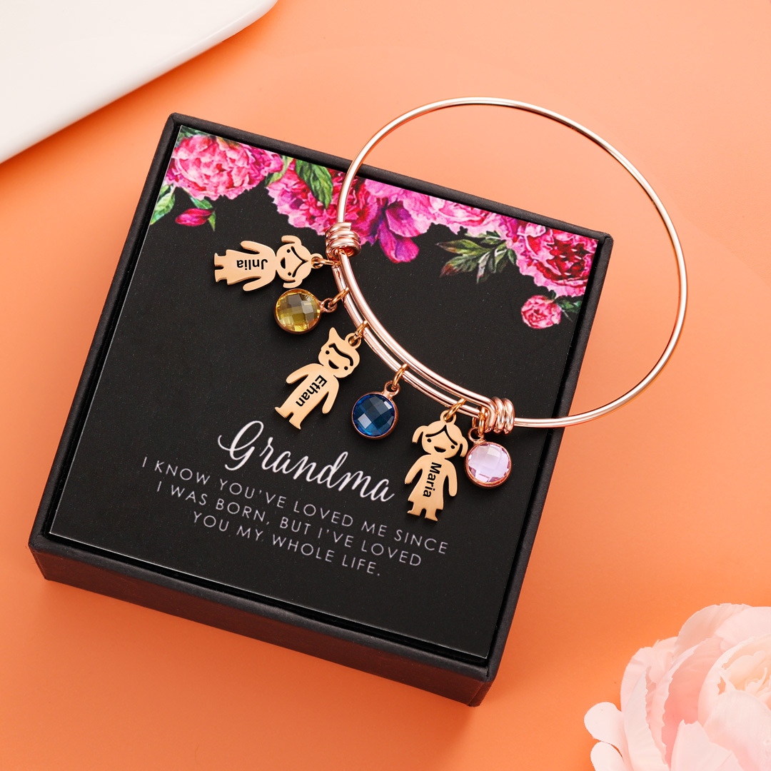 Bangle Bracelet with Kids Charms Persoanlized with 4 Birthstone Custom Bracelets Rose Box Set-Jessemade AU