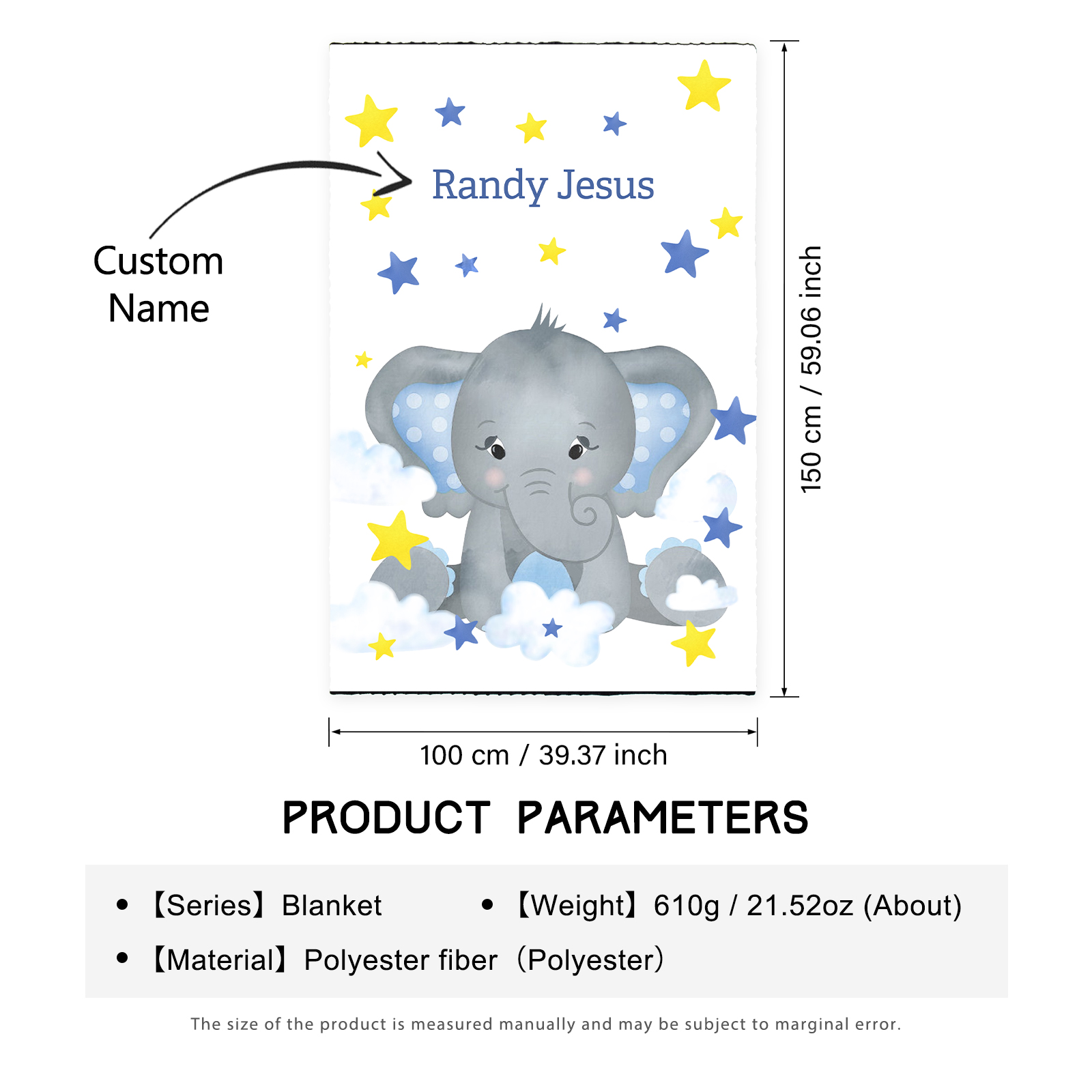 Personalised Elephant Blanket Custom Name Cute Cartoon Blanket-Jessemade AU