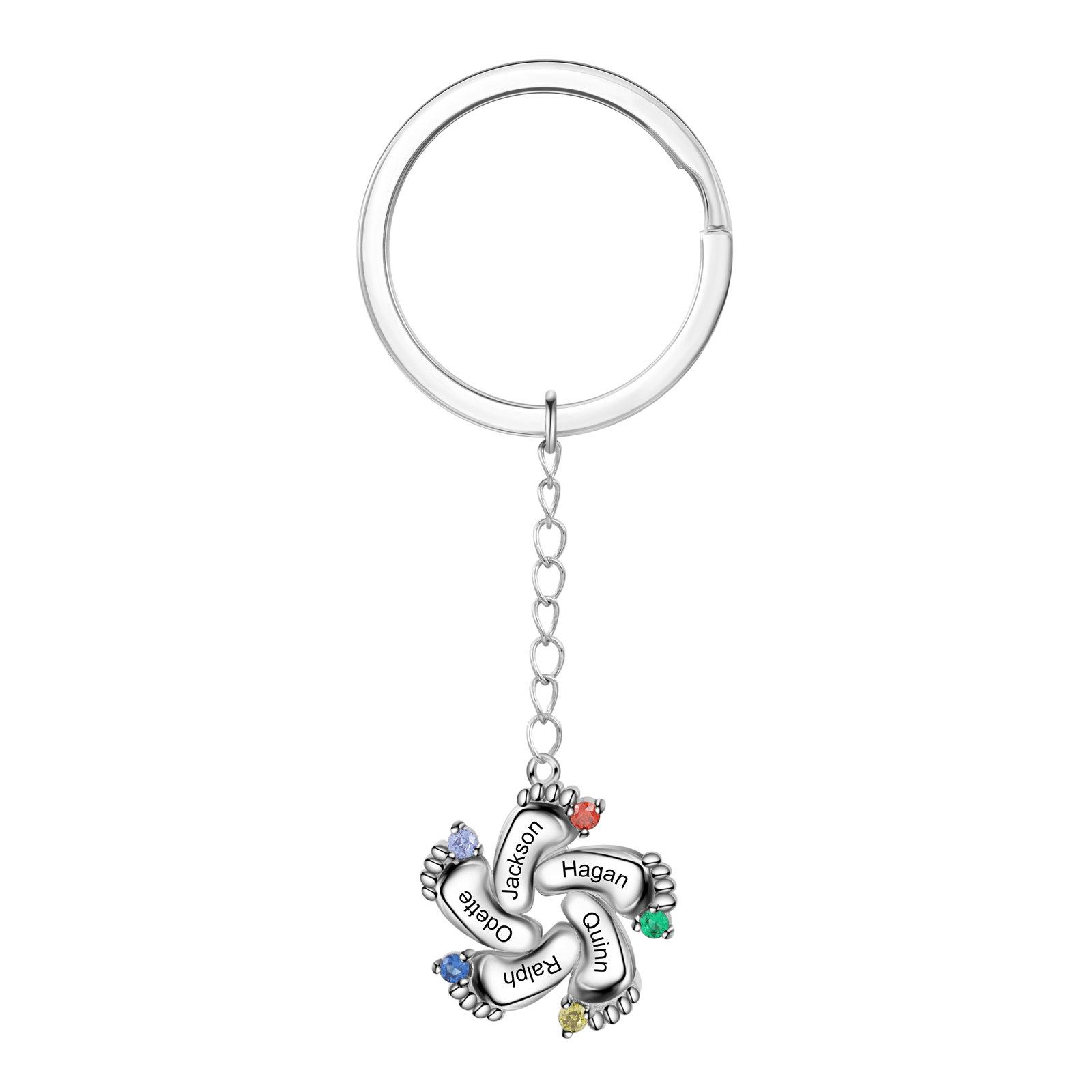 Personalised Baby Feet Keychain With 5 Birthstones Engraved names Keychain Gifts For Mother