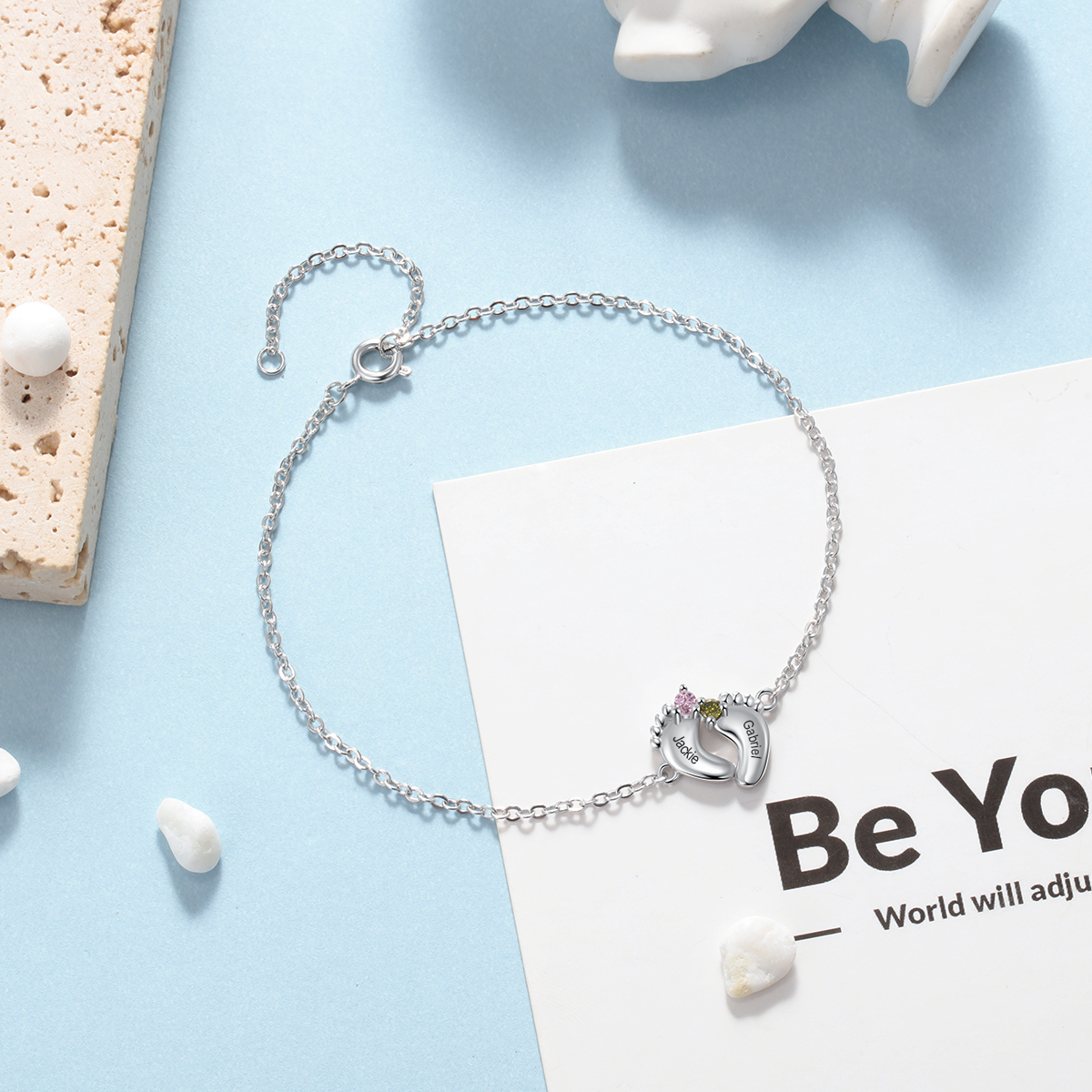 Personalised Baby Foot Necklace With 2 Birthstones Engraved Names Gift For Mother-Jessemade AU