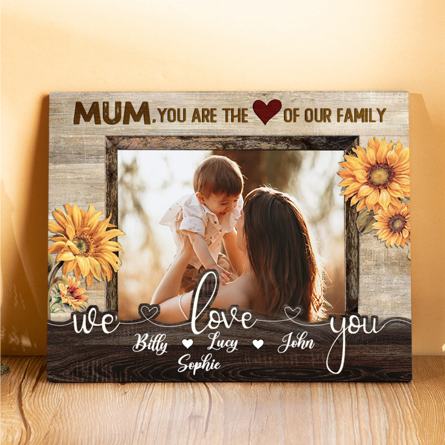 Personalised 4 Names & 1 Photo Wooden Plaque Custom Sunflower Home Decor Gifts for Mum - You Are The Heart/Love Of Our Family-Jessemade AU