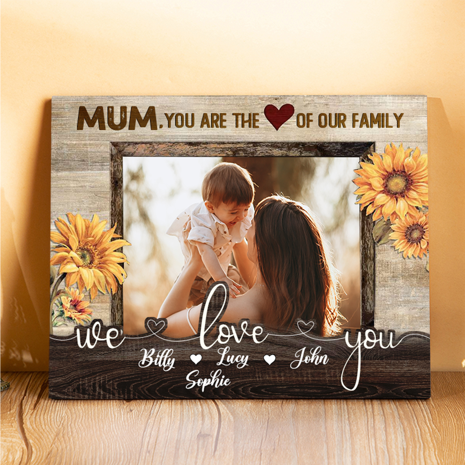 Personalised 4 Names & 1 Photo Wooden Plaque Custom Sunflower Home Decor Gifts for Mum - You Are The Heart/Love Of Our Family-Jessemade AU