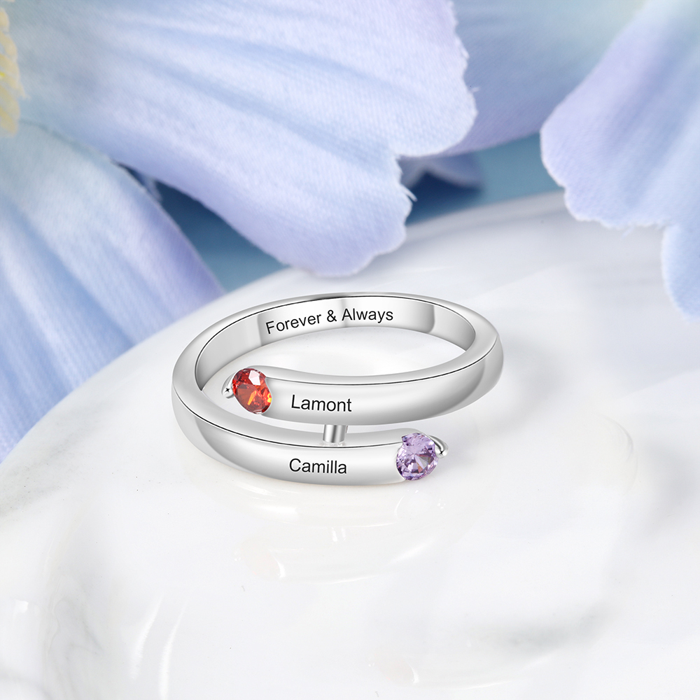 S925 Silver Ring Personalised 2 Birthstones Promise Ring With Names Gifts For Her-Jessemade AU
