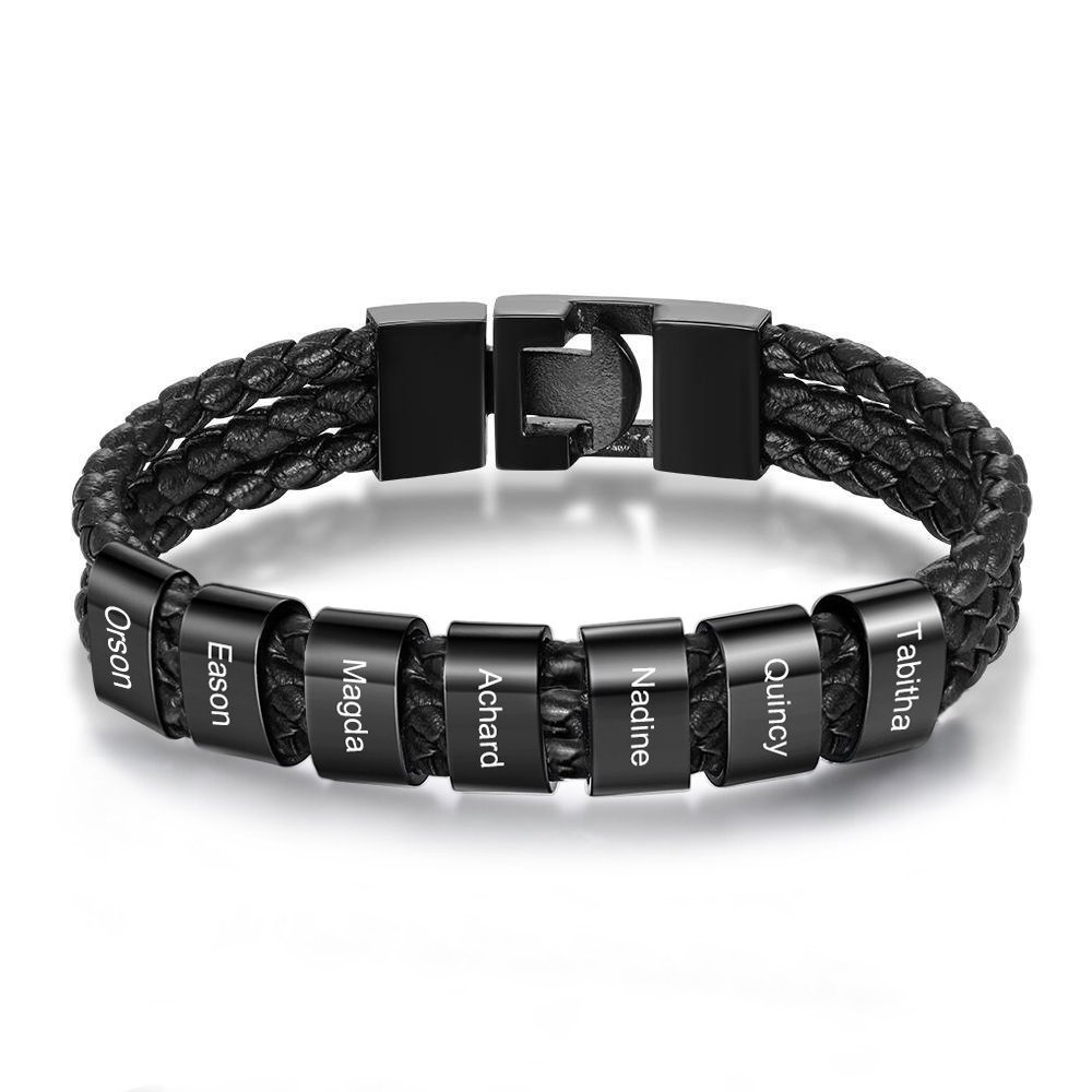 Personalised Braided Leather Bracelet Engraved 7 Names Men's Bracelet for Him-Jessemade AU