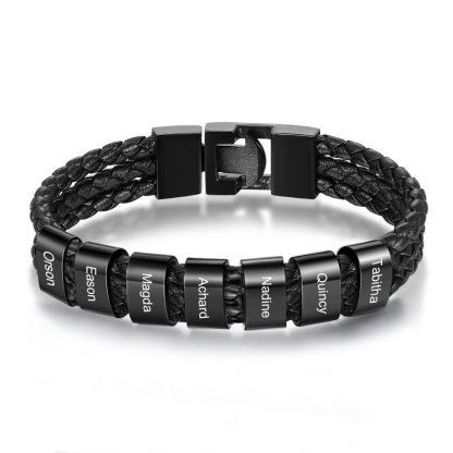 Personalised Braided Leather Bracelet Engraved 7 Names Men's Bracelet for Him-Jessemade AU