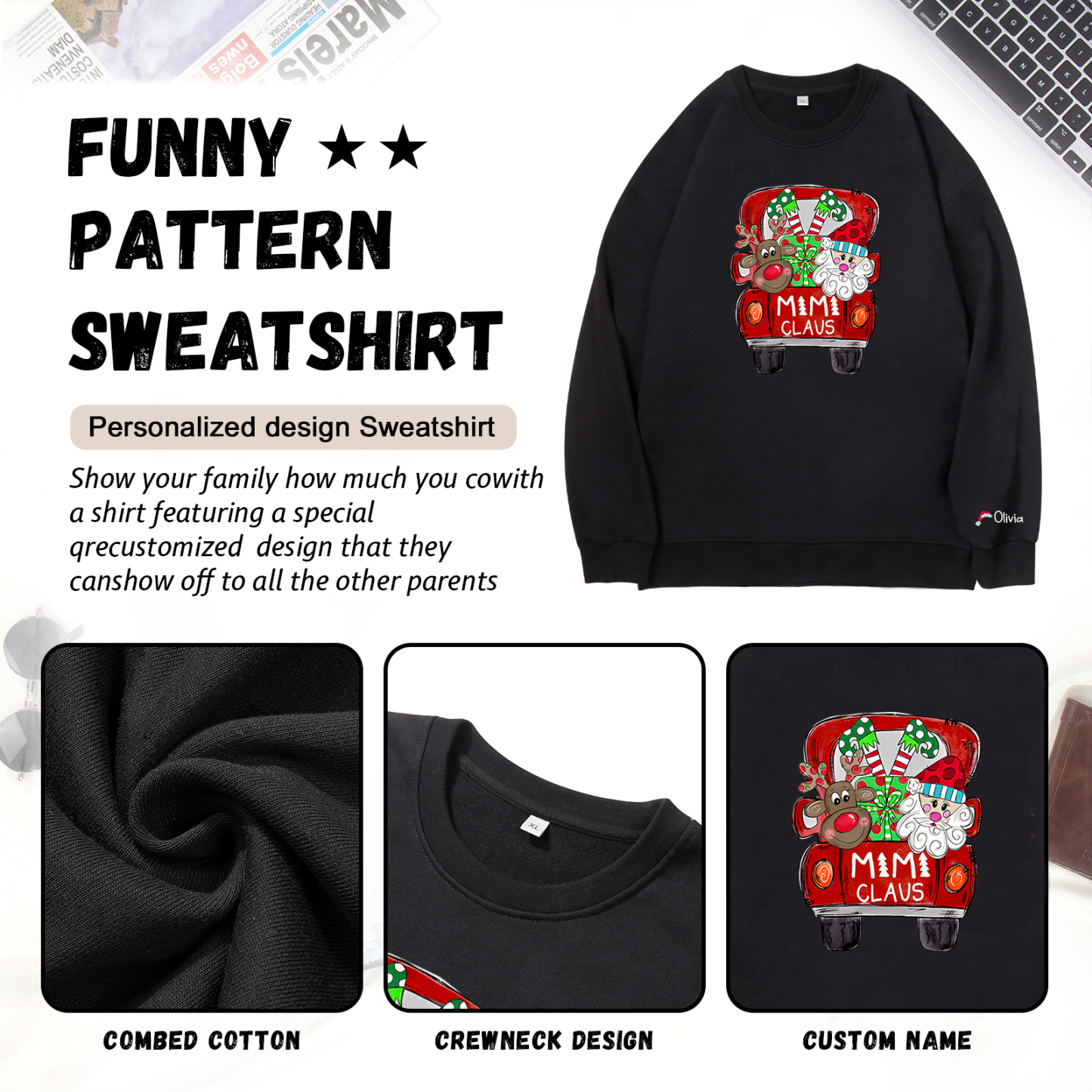 1 Name - Personalised Christmas Sweatshirt Custom Name & Text Sweatshirt Mimi Claus Sweatshirt Gift for Family -Jessemade AU